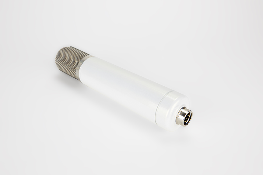 Monheim Microphones Crème tube condenser microphone logo down, XLR connector towards viewer.