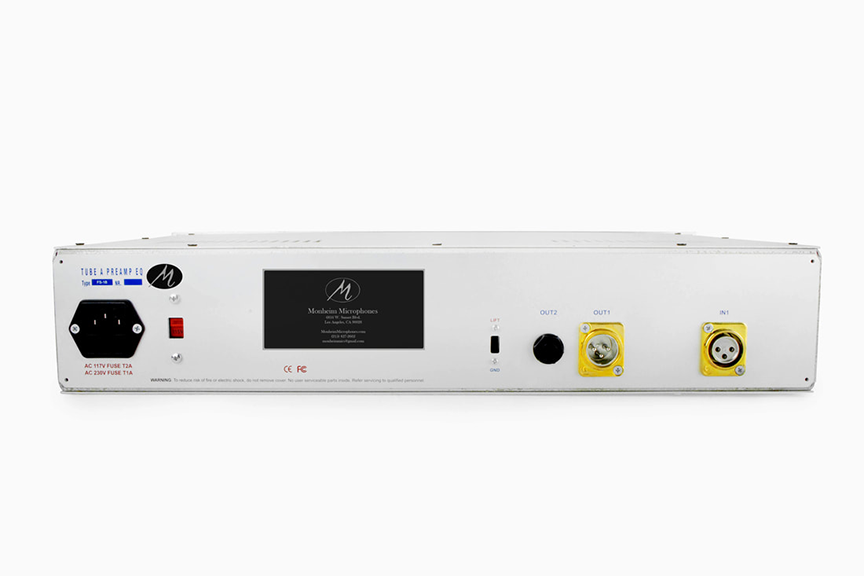 Monheim Microphones Channel Strip back view. Shows connectors and back panel information.