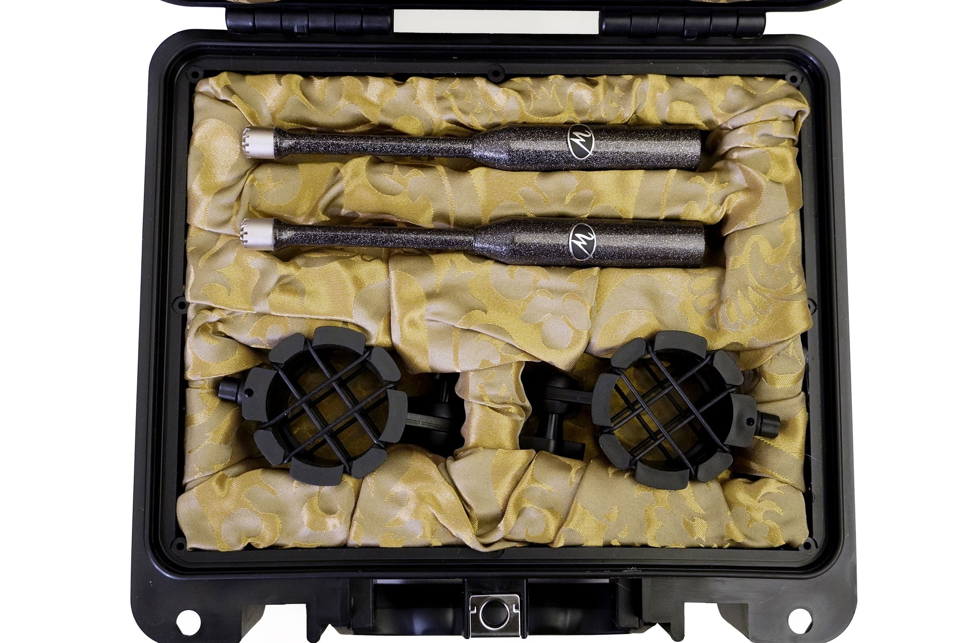 Monheim Omni SPL Reference Microphones - overhead shot of Omni SPL matched pair with shockmounts in lined hard travel case