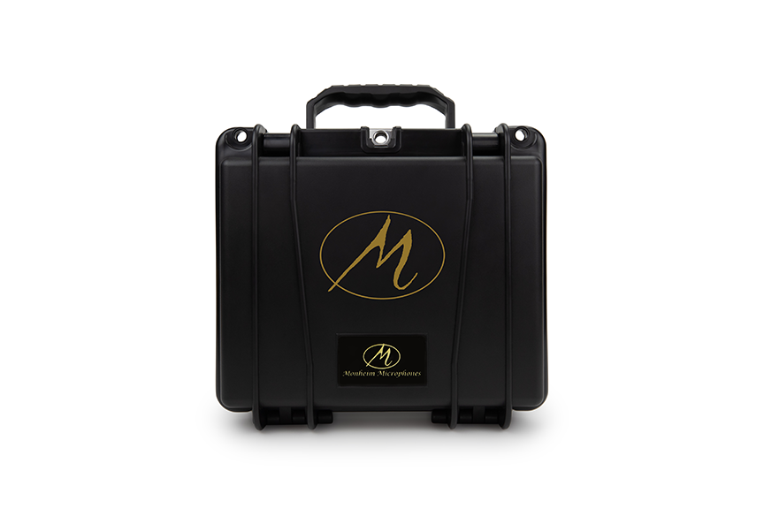 Monheim Microphones FET large diapragm condenser microphone heavy duty, black travel case with large gold Monheim logo