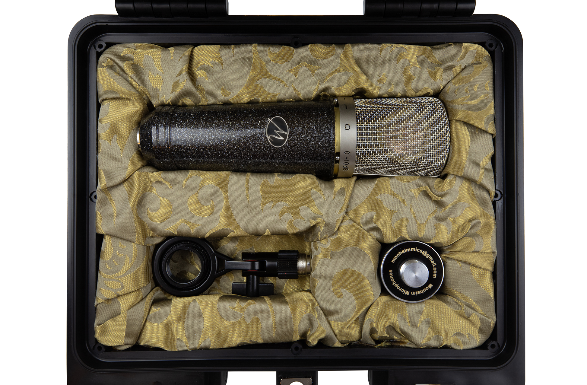 Monheim Microphones FET large diapragm condenser microphone with clip and custom shockmount, in heavy-duty travel case lined with gold fabric.