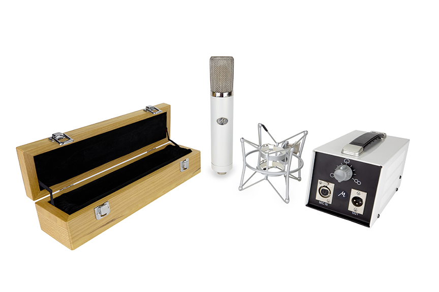 Monheim Microphones Crème tube condenser microphone with all accessories including wooden box, shockmount, and power supply.