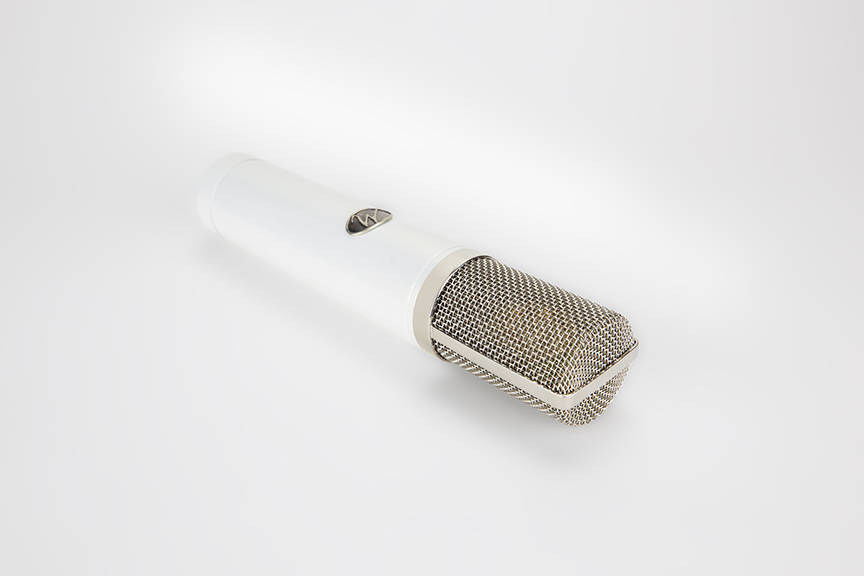Monheim Microphones Crème tube condenser microphone with logo up, grill towards viewer.