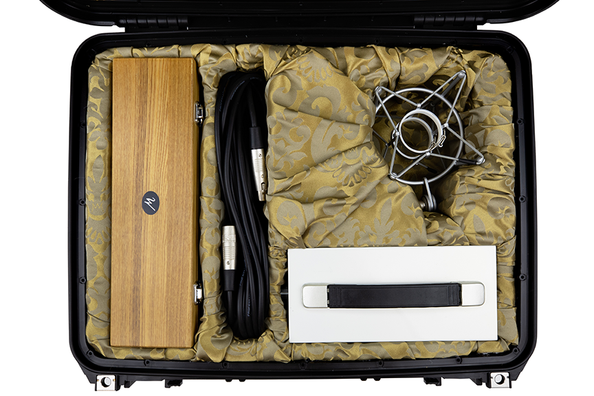 Monheim Microphones Crème tube condenser microphone with wooden box, XLR and power cables, shockmount, and power supply in gold brocade-lined box in heavy duty black travel case