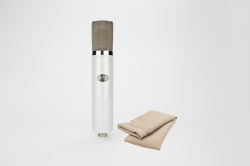 Monheim Microphones Crème tube condenser microphone with handcrafted drawstring bag cover.