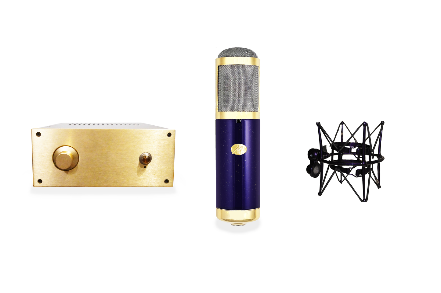 Monheim Microphones Royalty tube condenser microphone with gold-faced power supply and dark purple shockmount
